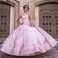 exquisite pink quinceanera dresses halter sleeveless prom vestidos white appliques beads elegant for 15 girls ball party gowns