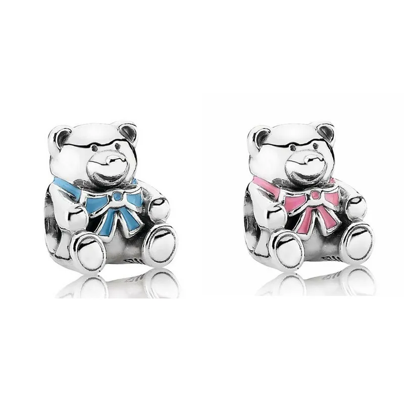 

Original Moments Pink & Blue Enamel Baby Boy & Girl Bow Bear Charm Fit Pandora 925 Sterling Silver Bracelet Bangle Diy Jewelry