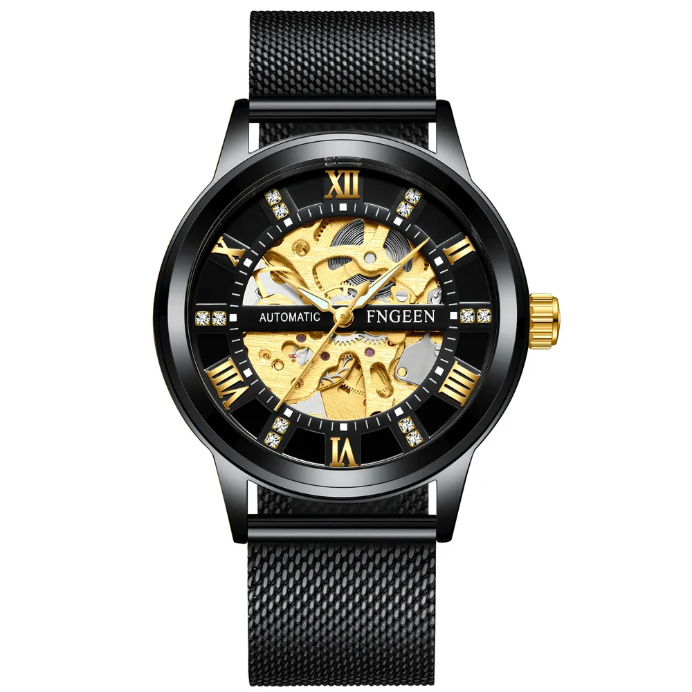 

FNGEEN мужские часы ведущей марки, модные автоматические механические часы из нержавеющей стали, водонепроницаемые деловые мужские часы 6020