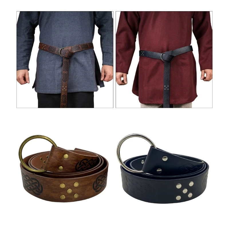 

Mens Viking Embossed PU Belt Medieval Belt Vintage O-Ring Leather Belt Celtic Knot Pattern Belt Renaissance Knight Belt 24BD