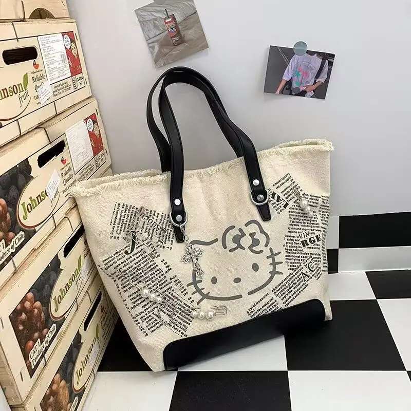 

New Kawaii Sanrio Anime Hello Kitty Y2K Cute Spicy Embroidered Canvas Shoulder Bag Tot Bag Fashion Casual Bag Girls Gift Toys
