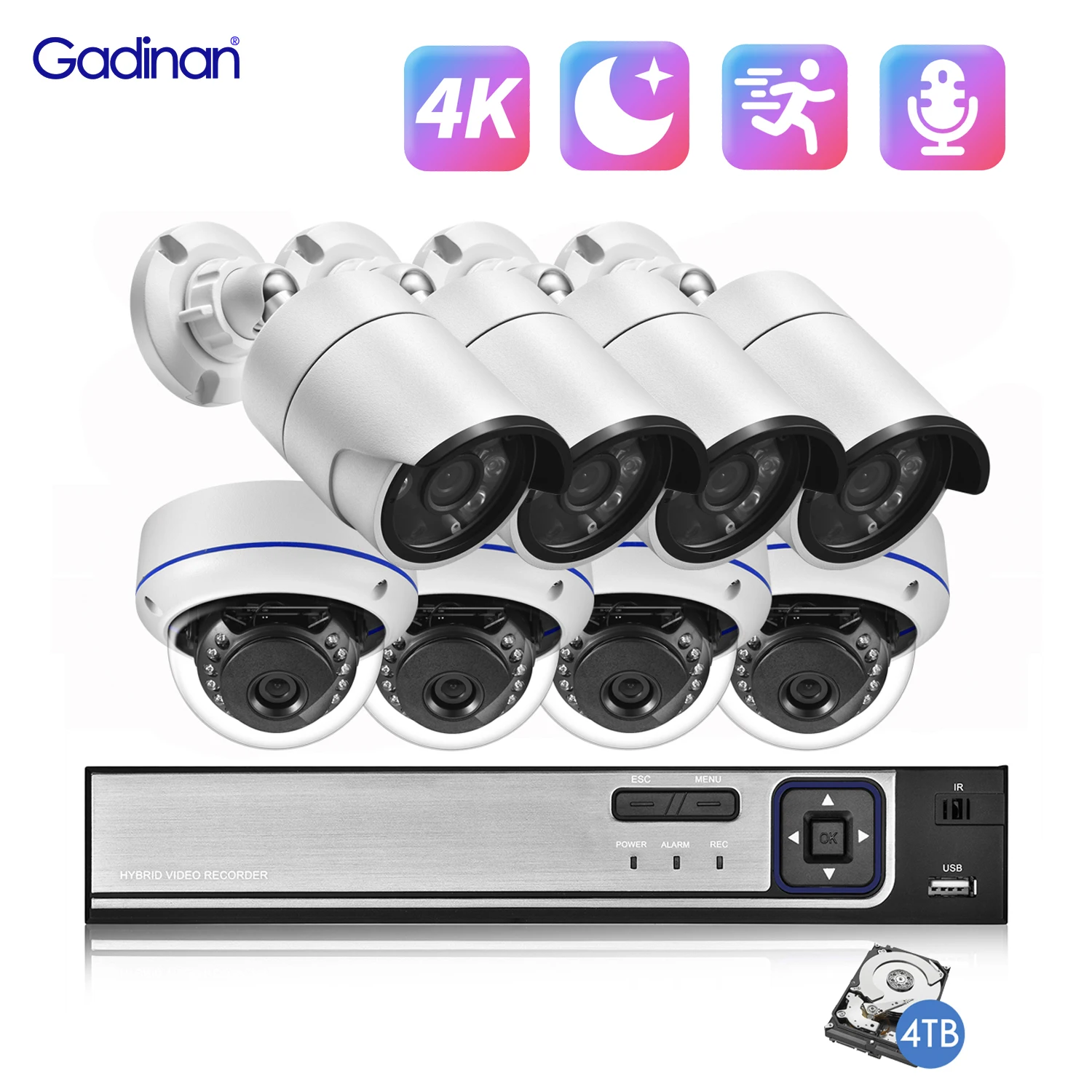 

Gadinan 8CH 4K CCTV Security Cameras Systems Motion Detection Home Video Surveillance Kit Audio Outdoor IP Camera POE NVR Set