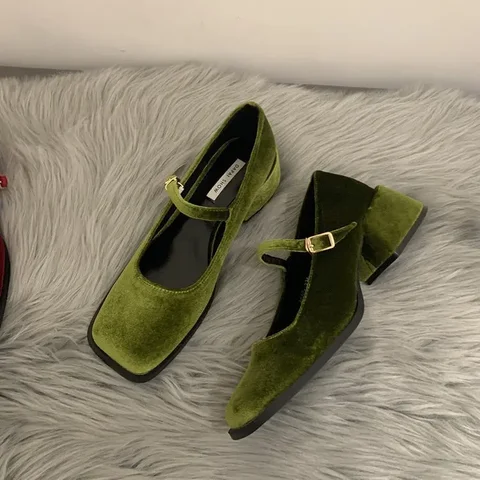 Туфли женские на среднем каблуке, бархатные туфли Мэри Джейн, квадратный каблук, квадратный носок, однотонные лоферы, роскошная обувь в ретро стиле, весна-осень