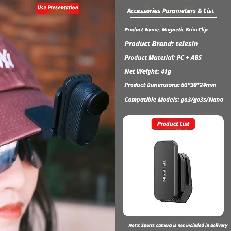 Фото Магнитное крепление-зажим TELESIN для быстрой установки, подставка для Insta360 Go Ultra/GO 3 3S DJI Osmo Nano, клипса для крепления на кепку, расширительная база №1