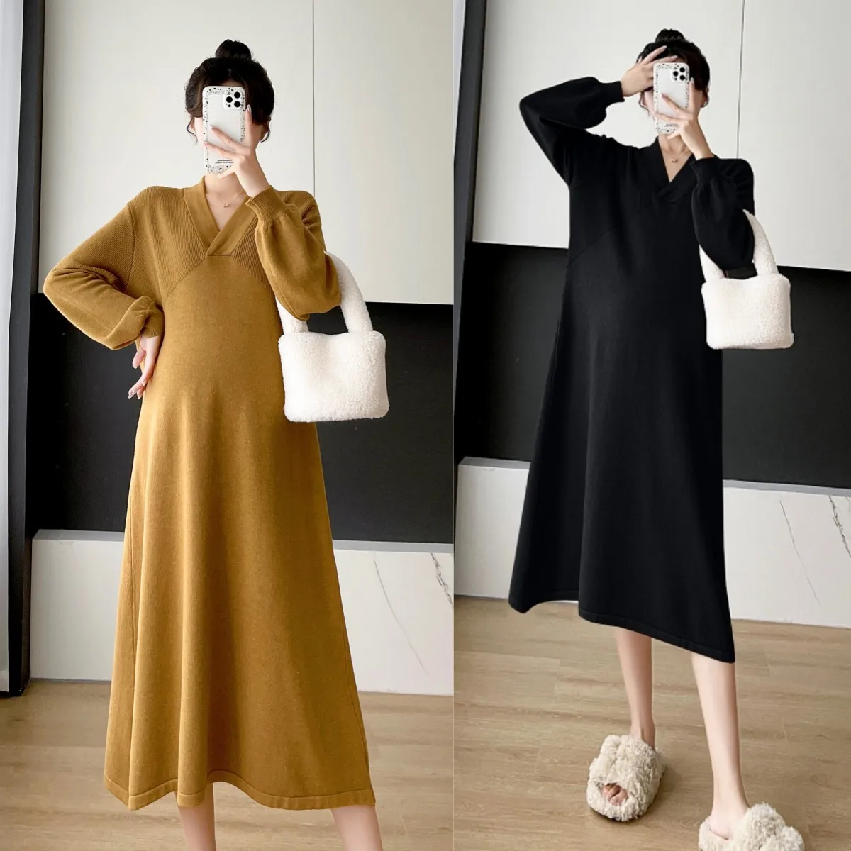 

Платье для беременных с V-образным вырезом и длинным рукавом