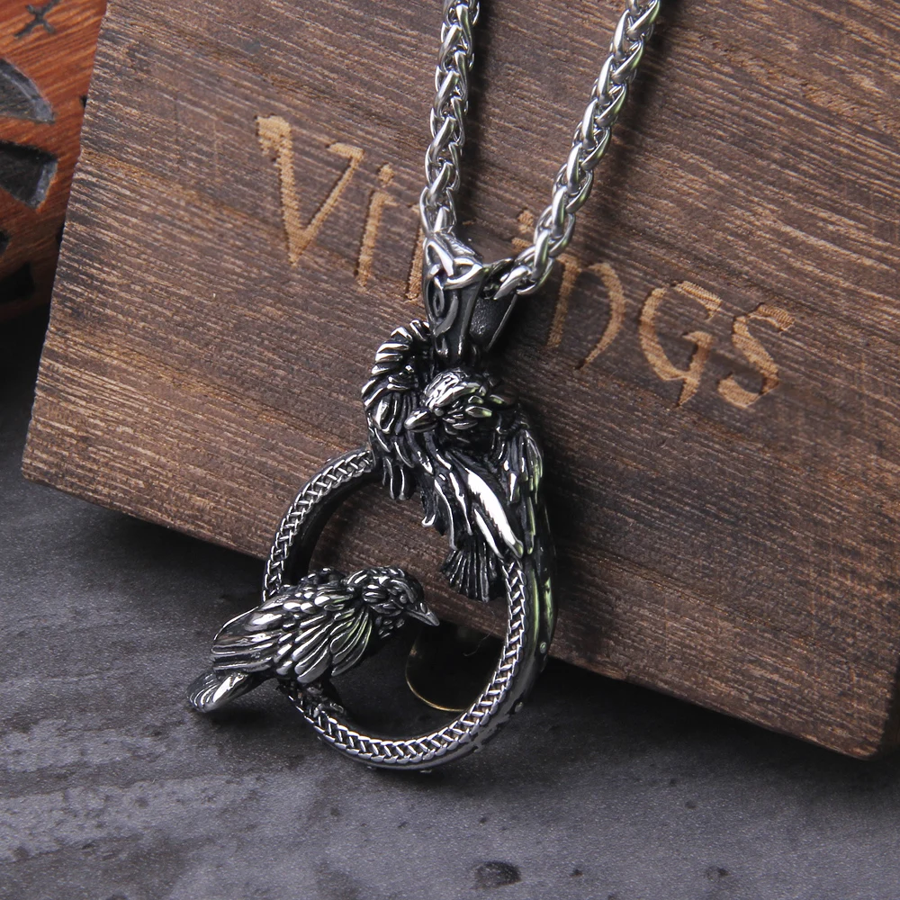 

Nordic mythology Odin Huginn and Muninn pendant necklace viking Raven necklace stainless steel never fade with wooden box