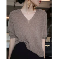 knitted cashmere short sleeve women loose sleeves t shirt jacket spring and autumn v neck head slimming wool half sleeve
