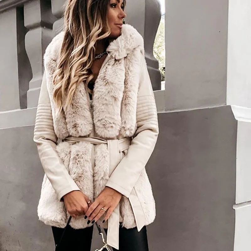 Winter Women Elegant Tie Belt Leather Fur Coats Parkas Female Warm Rabbit Faux Fur Coats Women Fashion Slim Hooded Jackets