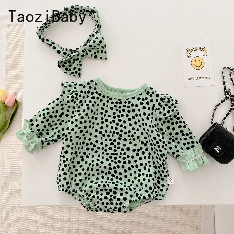 

Baby Girl Polka Dot Rompers Spring New 2022 Baby Flying Sleeve Newborn Bodysuit With Hair Band Infant Clothing