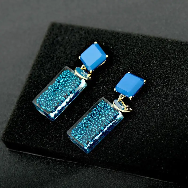 

New Korean Geometric Rectangle Three-dimensional Blue Earrings 925 Silver Needle Advanced Retro Earrings Spot Earrings