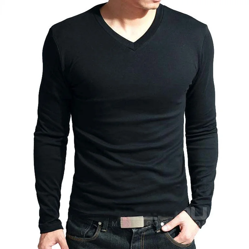 

2021 Elastic Mens T-Shirt V-Neck Long Sleeve Men T Shirt for Male Lycra and Cotton T-Shirts Man Clothing TShirt Brand Tees