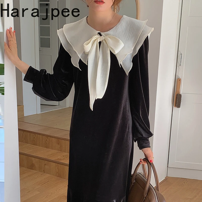 

Harajpee Women Dress Retro Bowknot Korean Contrast Color Double Turn-down Puff Sleeve Collar Velvet Fishtail Skirt Spring New