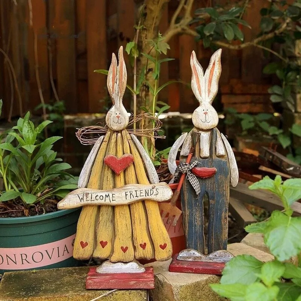 

Easter Retro Style Wooden Standing Rabbit Ornament Home Garden Doorway Decoration Hand Carved Love Welcome Rabbit Crafts