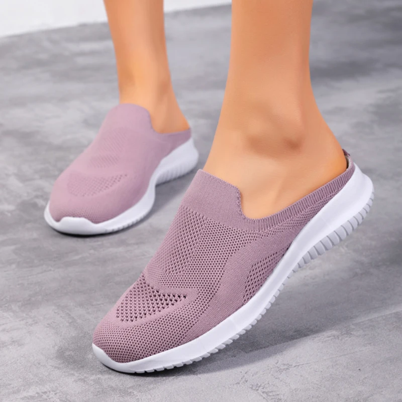 Women Slipper Spring Autumn Solid Color Elastic Fabric Mules Comfortable Soft Bottom Flat Shoe Slip-on Mother Morning Walk Shoes