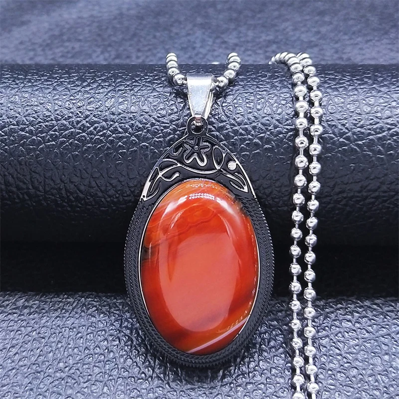 Модный богемный Красный Овальный воротник из нержавеющей стали с натуральным