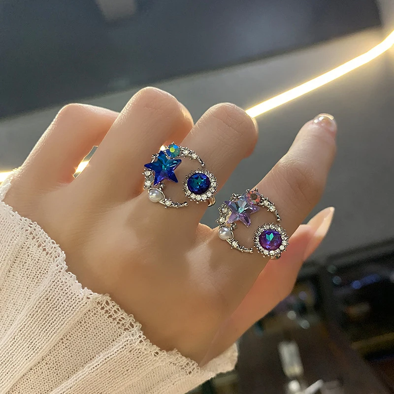 

Luxury Rhinestone Moon and Star Rings with Zircon Bling Stone Women's Crystal Ring Fashion Wedding Engagement Jewelry Gifts