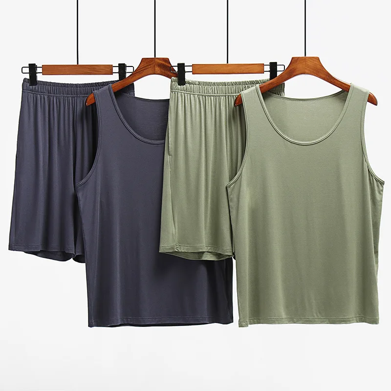 

2022 Summer Modal Men's Sleeveless Vest Pajamas Set Casual Loose Home Wear For Male Solid Large Size Sleepwear 2 Piece Sets