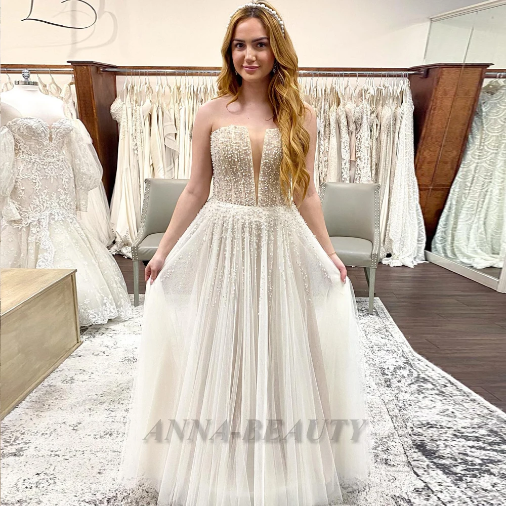 

Anna Trendy Beadings Strapless Wedding Dresses 2024 Bride A-Line Pleats Tulle Sleeveless Floor Length Vestido De Novia Femenino