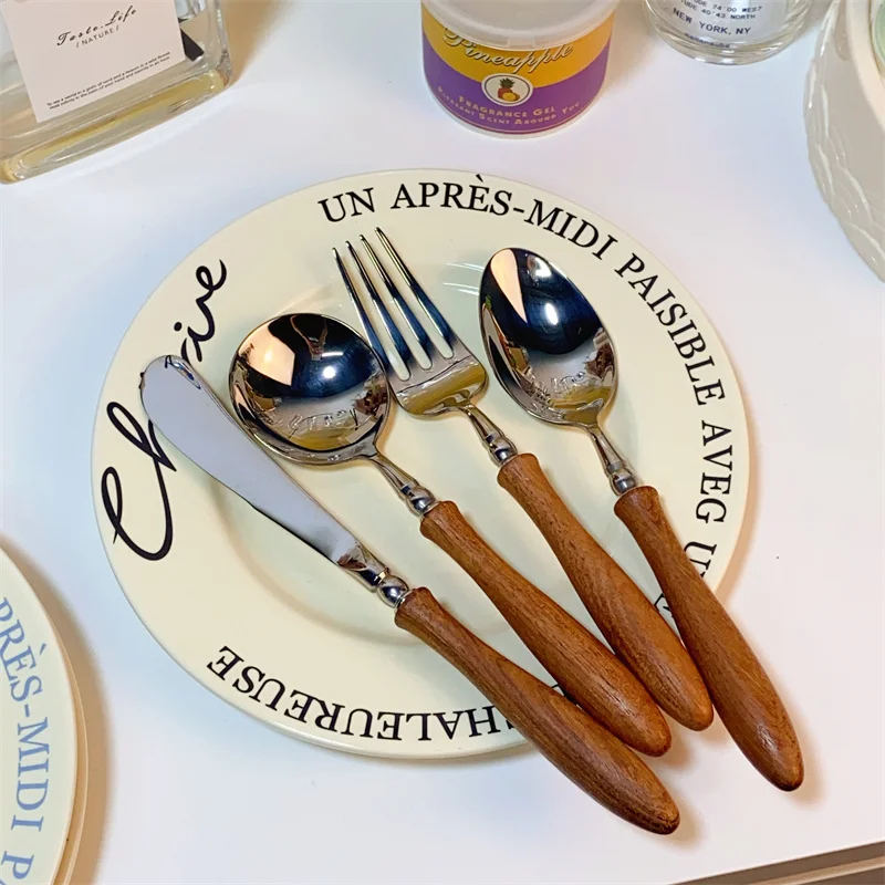 

French Tableware, Yellow Rosewood Handle Tableware, Western Tableware, Solid Color, Wooden Tableware, Knife and Fork Set