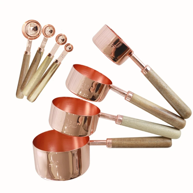 

Measuring Cups Spoons Set Wood Handle Stainless Steel Metal Measuring Scoop Baking Kit Kitchen Accessories 8Pcs