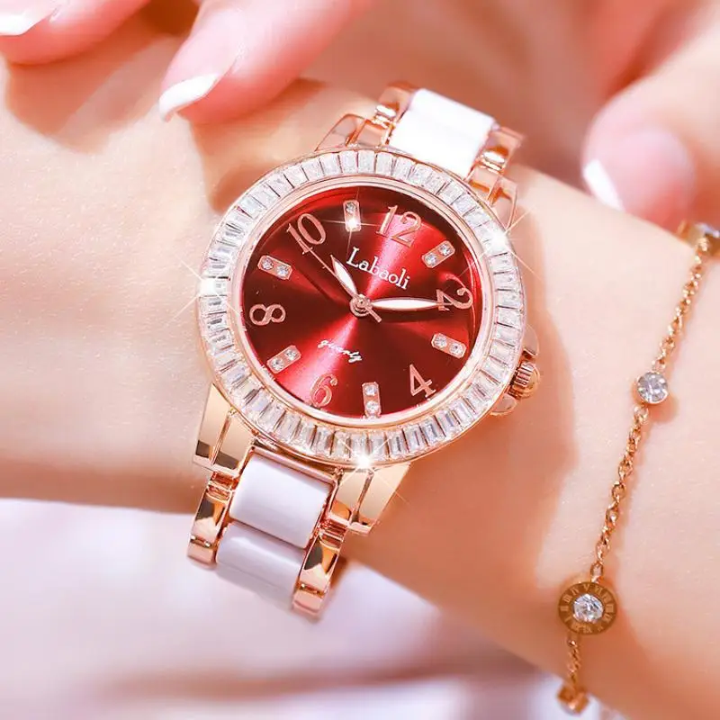 

Роскошные женские часы Стразы, золотистые, белые кварцевые часы, стальной ремешок для часов, модные часы, женские часы