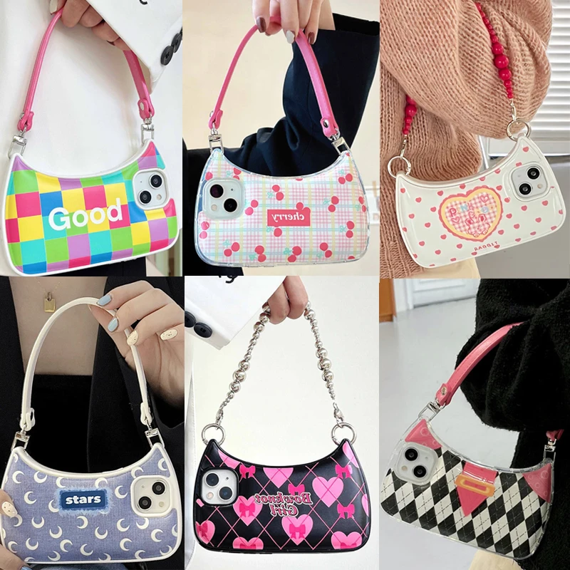 

Love heart Cartoon Bag Crossbody Case For iphone 14 Plus 13 12 11 Pro Max 14pro Girl handbag TPU Phone Cover With Lanyard bead