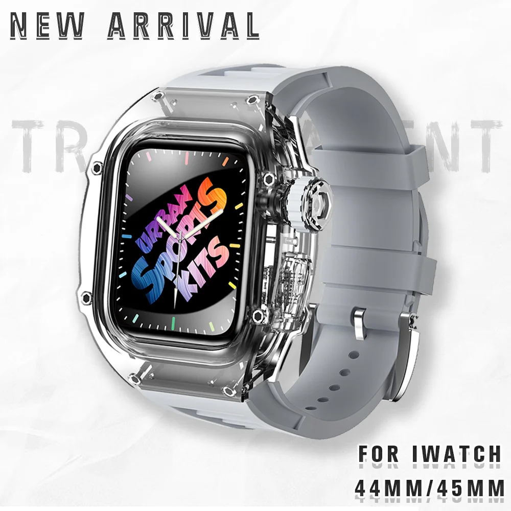 Transparent Bezel Metal Case for Apple Watch 44MM 45MM Fluorine Rubber Strap for Iwatch Series 7 6 5 4 Se Urban Sports Mod KITS