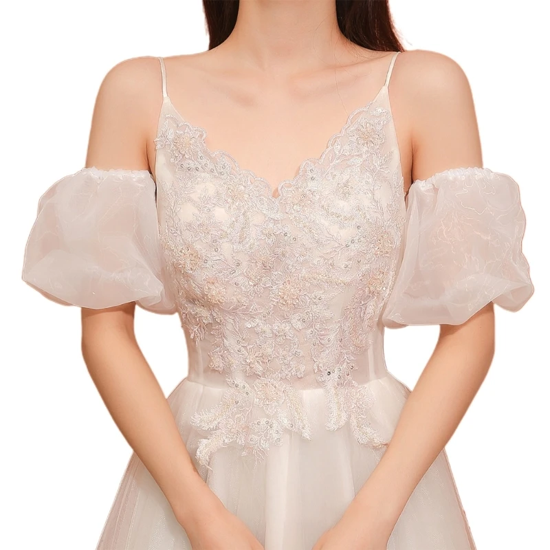 

Dainty Lady Elegant Puff Lace Sleeve Bridal Dress Delicate Removable Sleeve