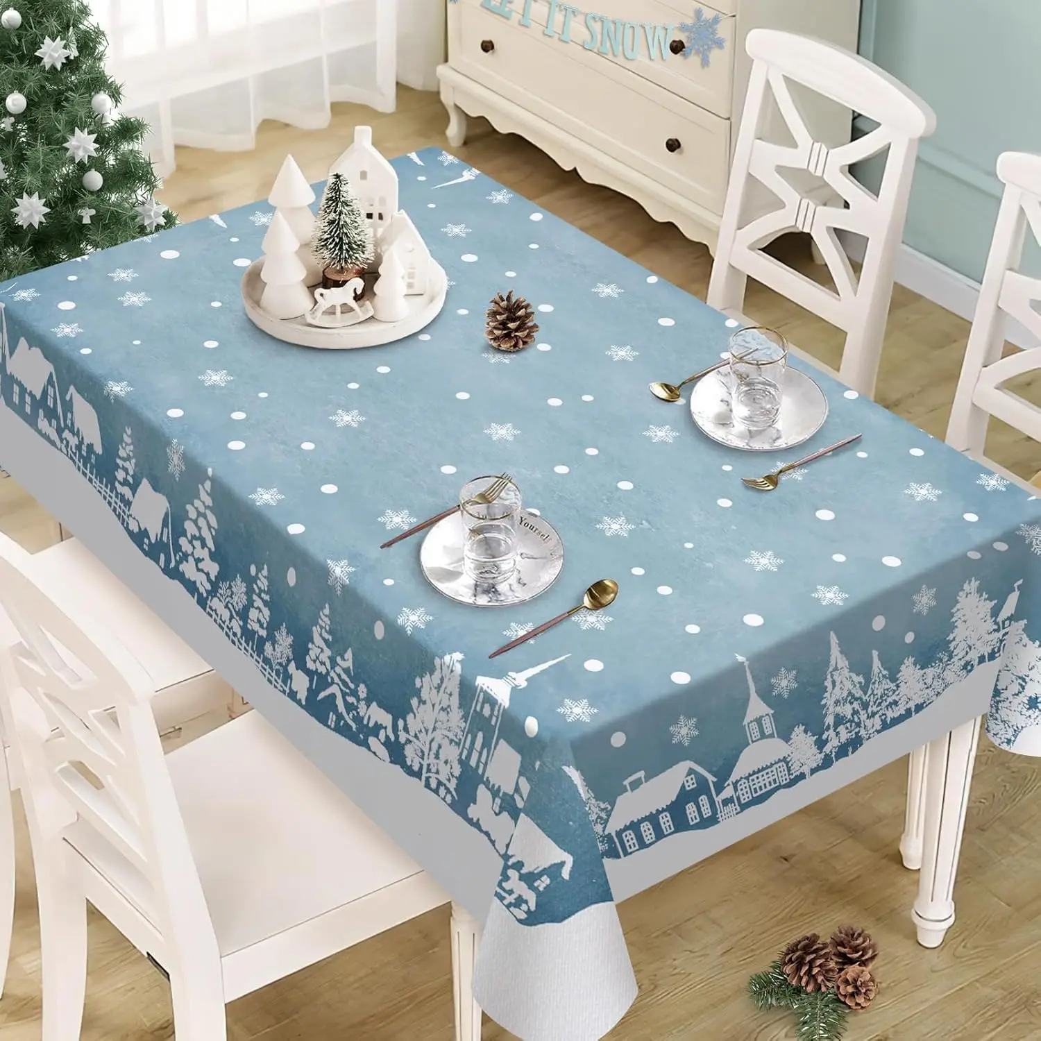 Рождественская зимняя снежная деревня, синяя водонепроницаемая скатерть, декор стола, многоразовая кухонная обеденная скатерть, рождественские украшения