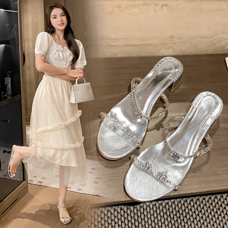 

CrystalSandals2022SummerNewRedSoleShoesRhinestoneBowStilettoPrincessShoesFairySilverWeddingShoes женские сандалии на высоком каблуке