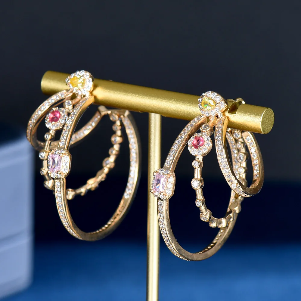 

Fashion Three Circle Bling AAA Cubic Zirconia Pave Luxury Gold Color Big Round Geometric Triple Hoop Earrings for Women E-1076