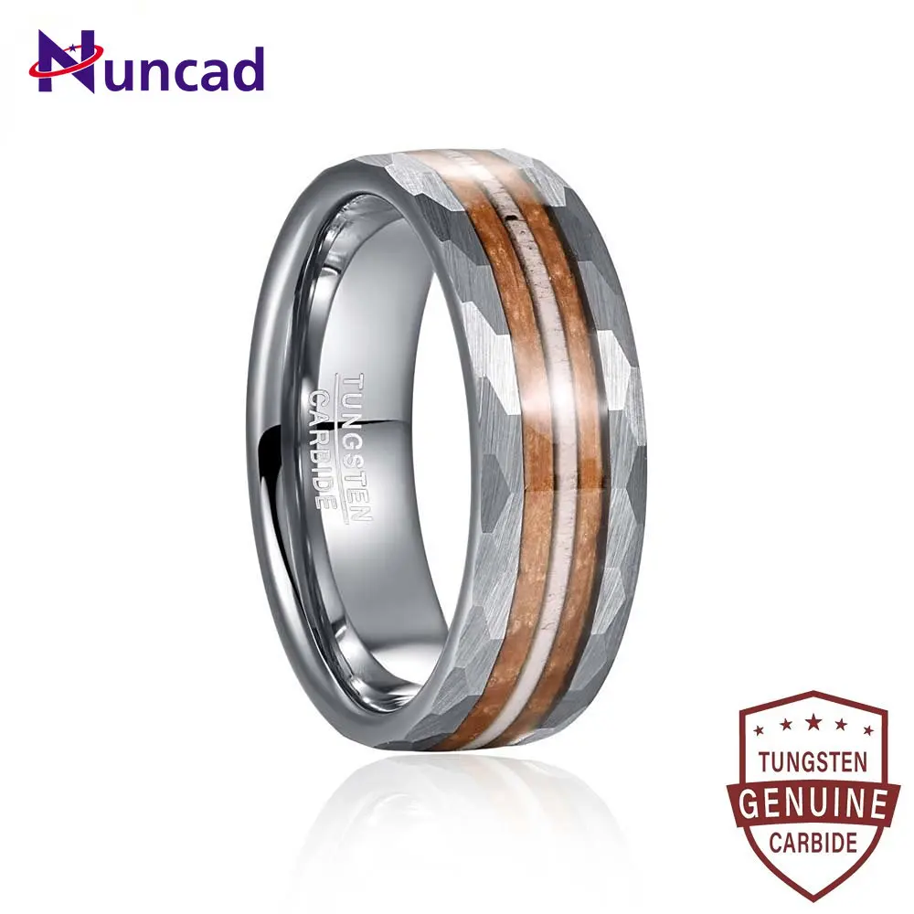 

NUNCAD 8mm Lasha Batch on Both Sides Inlaid with Wood Grain Antler Tungsten Steel Ring Fashion Wedding Rings for Men Size 7-12