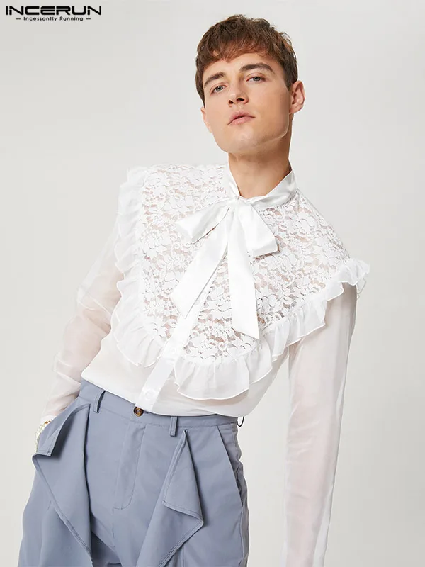 INCERUN Tops 2022 American Style Men's Transparent Stitching  Blouse Casual All-match Ruffled Lace-up Long-sleeved Shirts S-5XL