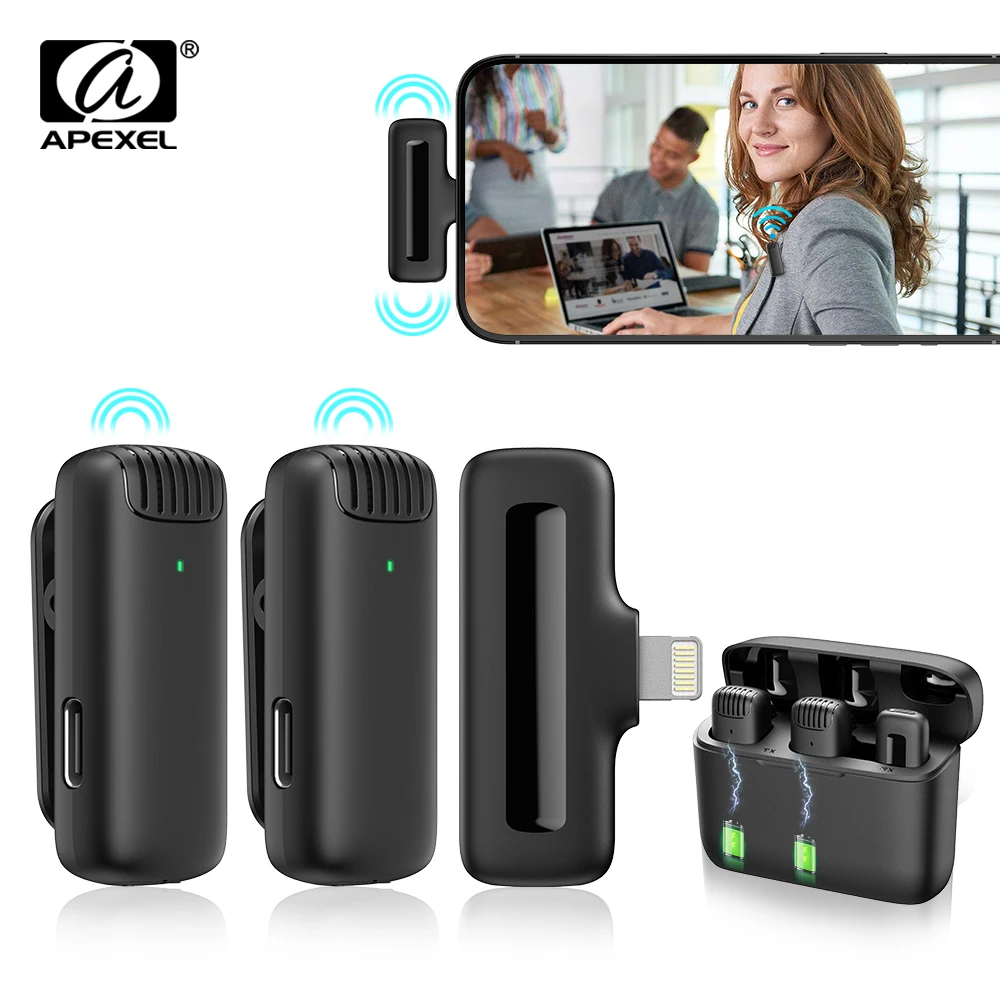 

APEXEL Wireless Lavalier Microphone Mini Portable Noise Reduction Audio Video Recording For iPhone Android With Charging Box
