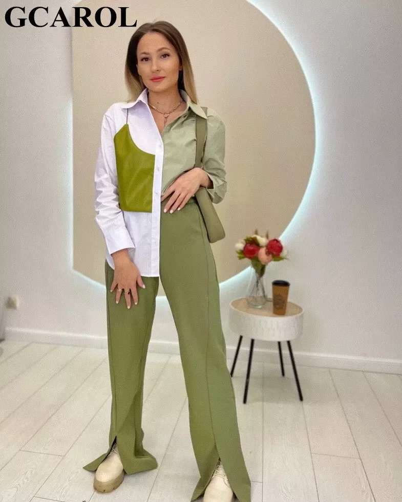 

GCAROL Women PU Green Spliced Cotton Shirt Asymmetric Loose Fake Two Pieces Blouse Euro Style Character Top in Summer Spring