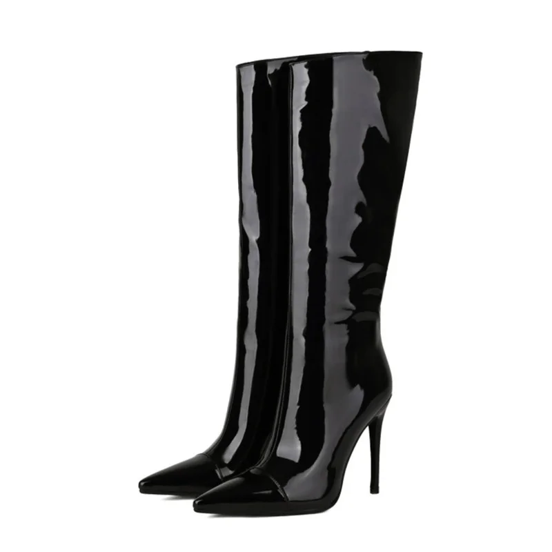 

Winter Boots, Women, 2022 Autumn Fashion Sexy Pointed Toe Concise Solid Color Thin High Heels, Black Bright Leather Large Size