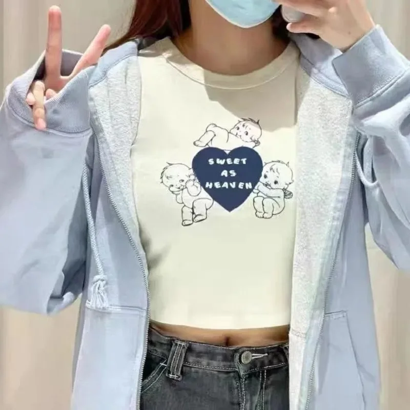 

Футболка с принтом маленького ангела в стиле Харадзюку, облегающий топ с коротким рукавом, милый короткий повседневный летний сарафан в стиле ретро, Y2K