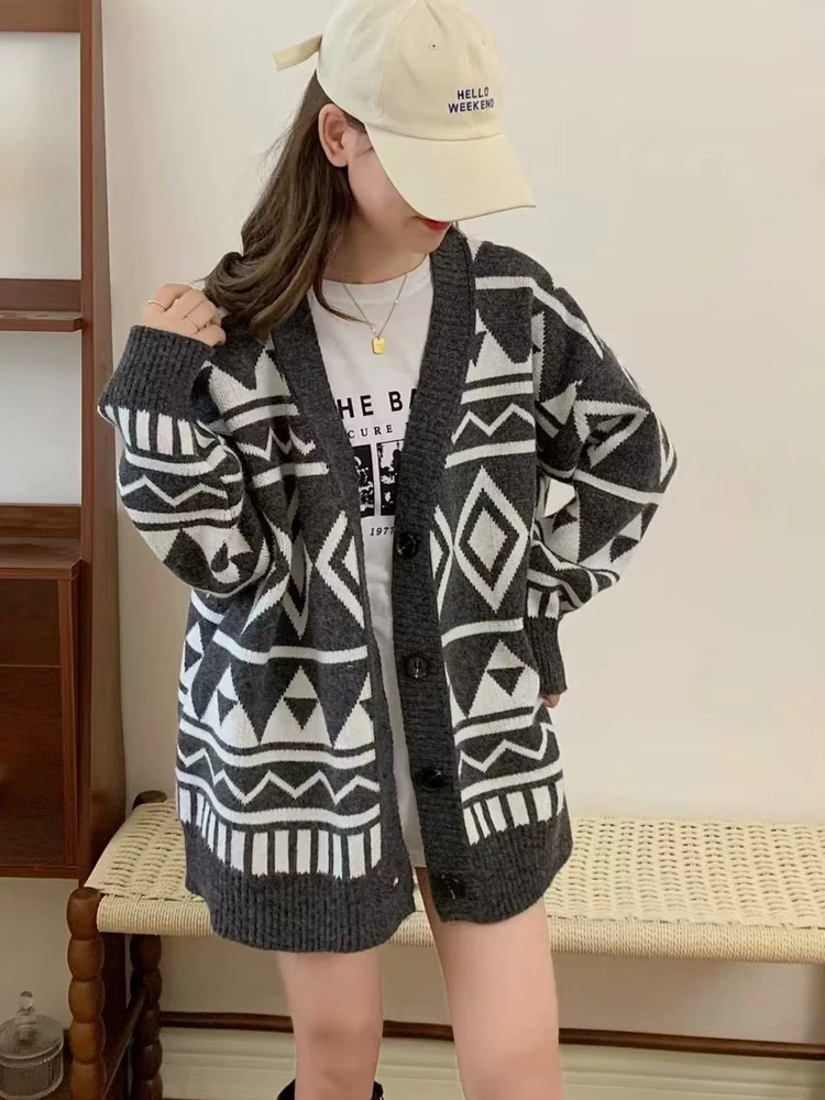 

SLTNX Striped Cardigan Sweater for Woman 2023 Winter Knit Loose Long Sweaters Female V-Neck Chic Single-breasted Cardigan Tops