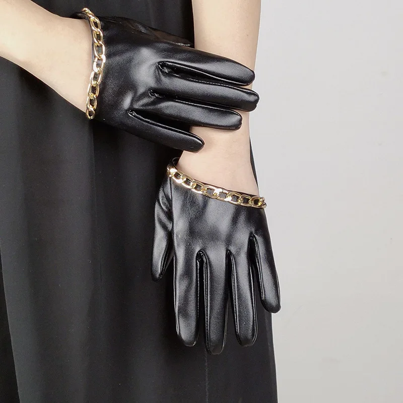 

Women Gothic Punk Rivets Chain Rock Show Half Palm Full Finger Fitness Glove Female Night Club Pole Dancing PU Leather Mitten A4