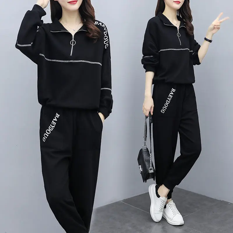 

798#200Large Size Women's Clothing Suit for Fat Girls New Spring and Autumn Loose Zip Western Style Youthful-Looking Two-Piece S