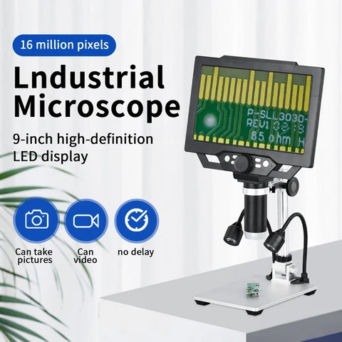9-дюймовый микроскоп HD 1080FHD, видеомикроскоп 1-1600X HD, микроскоп с 8 светодиодами и регулируемым освещением, цифровой электронный микроскоп