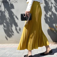 womens vintage pleated midi long skirt female korean casual high waist chiffon skirts jupe faldas 2022 autumn