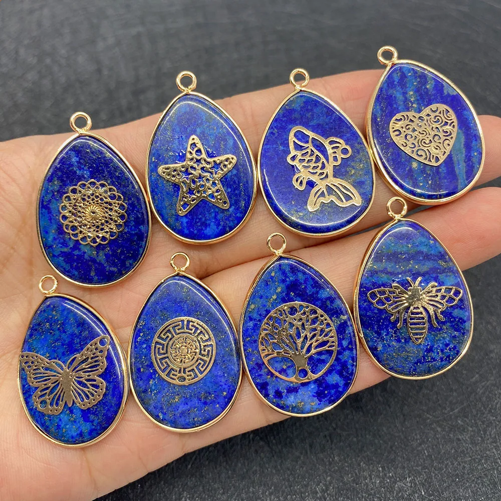 

Natural Stone Drop Shape Lapis Lazuli Pendant 26x35mm Metal Patch Covered DIY Making Charm Women Necklace Earring Accessories