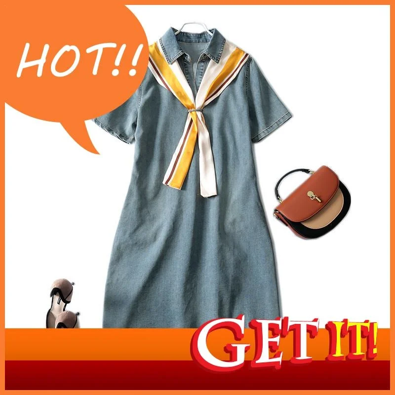 Women Of Summer 2023 Clothes New Casual Silk Scarf Stitching Lapel Denim A-line Short-sleeved Korean Style Dress Woman