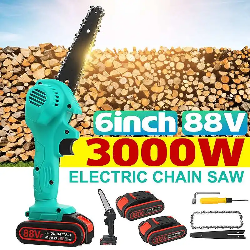 

6 Inch 88V 3000W Mini Electric Chain Saw With 2 Battery Rechargeable Woodworking Pruning Chainsaw One-handed Garden Power Tools