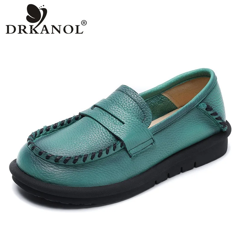 

DRKANOL Handmade Sewing Women Loafers 2022 Spring Summer Shallow Genuine Cow Leather Round Toe Slip-on Casual Flat Shoes Woman