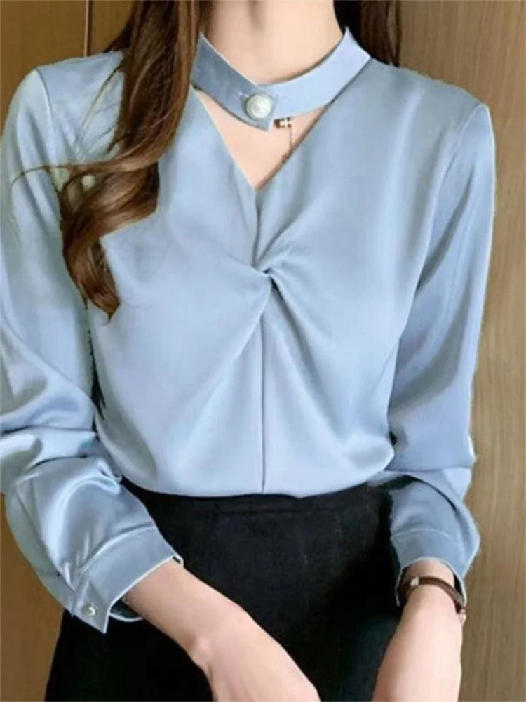 

2022 Spring Autumn New Fashion Solid Color Design Satin Shirts Round Neck Long Sleeve Loose Blouse Women's Korean Style Clothing