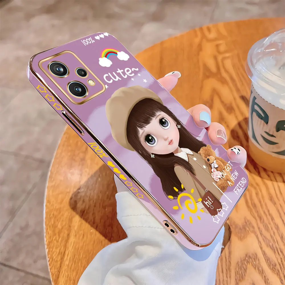 

For Realme 9 Pro Plus 9i 5G 9 4G Luxury Square Case Cartoon Girls Plating Soft TPU Cover Shockproof Cases