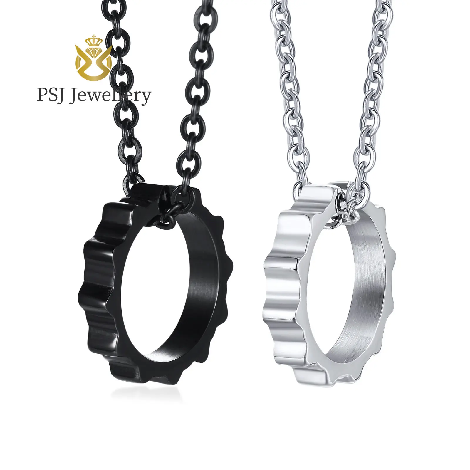 

PSJ Male Jewelry High Polished Gear Design Pendant Silver Black Plated Titanium Steel Chain Necklace for Men Women Gift