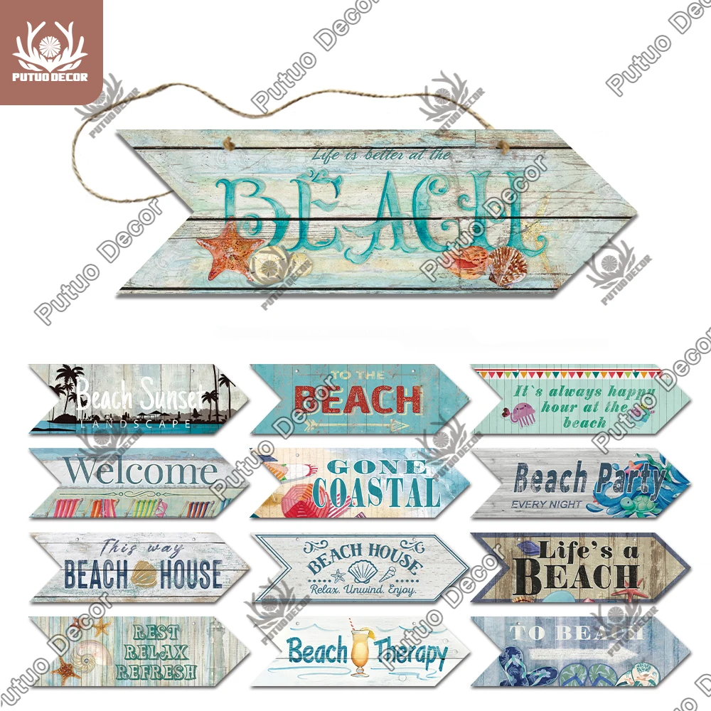 

Putuo Decor Beach Arrow Wooden Sign Wall Plaque Beach Seaside Road Guide Wall Decoration Indicator Hanging Beach House Deocr